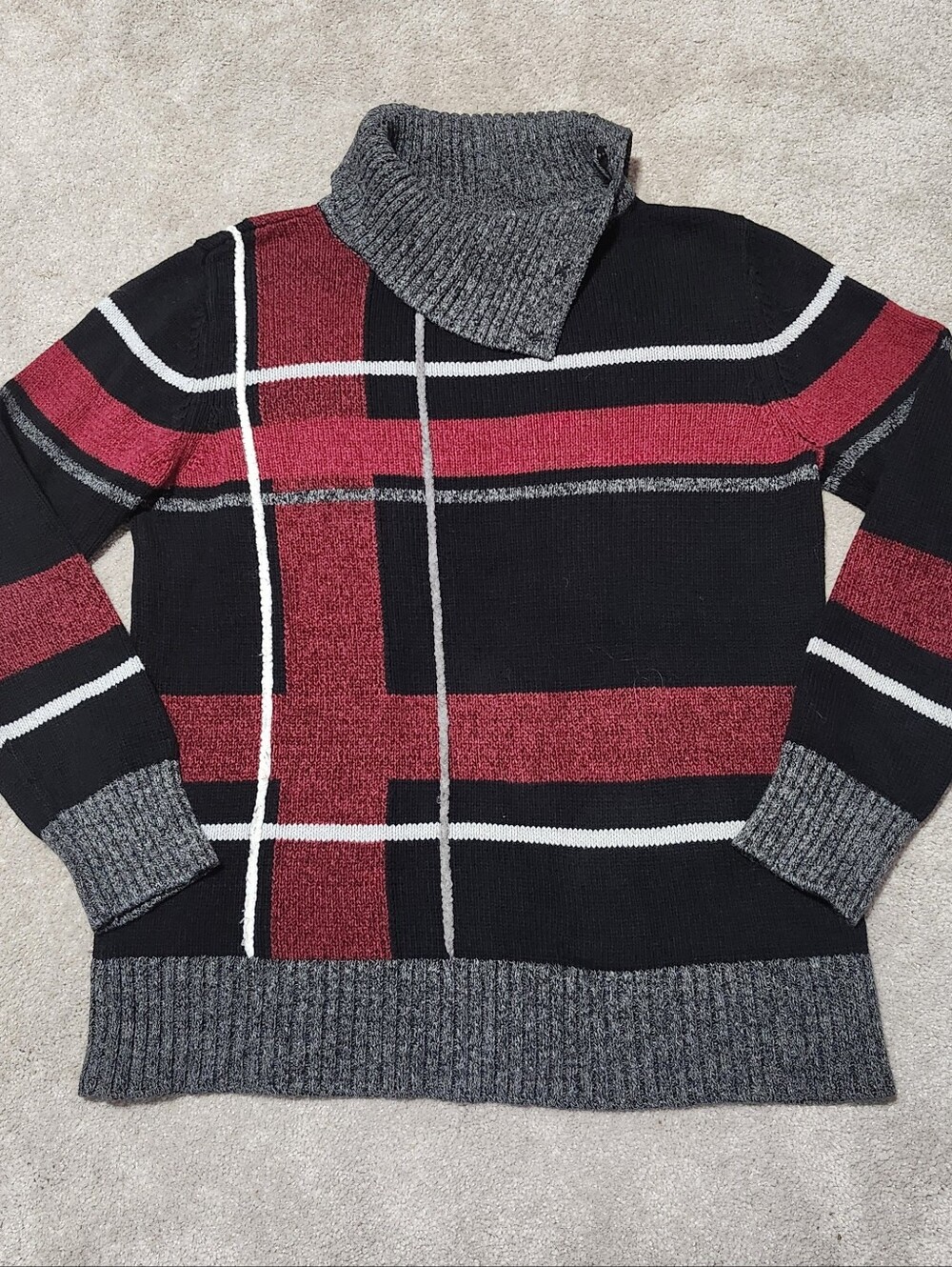 Liz Claiborne Split Neck Sweater 100% Cotton Black, Gray Burgundy Size Small